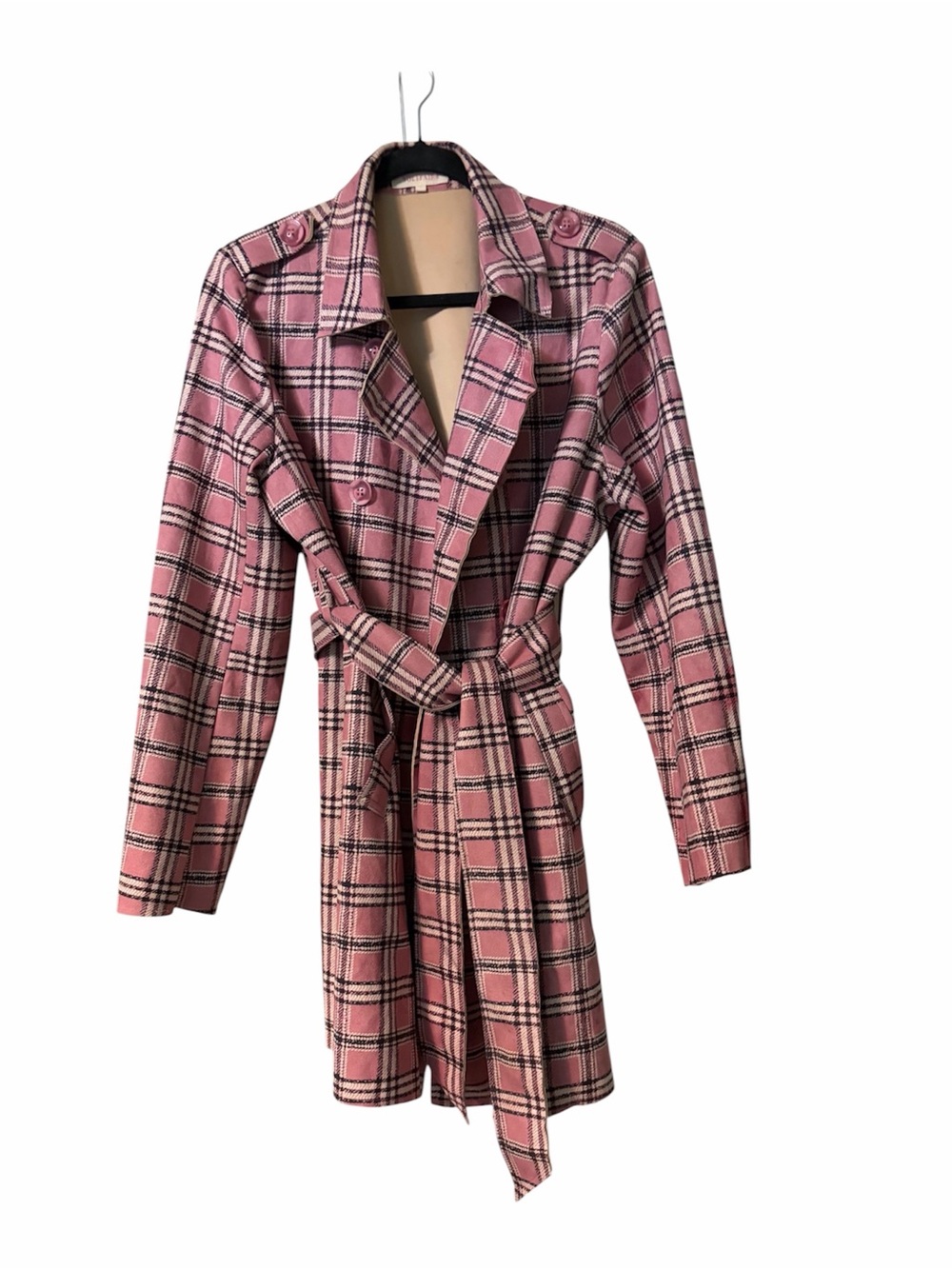 Solitaire Pink Plaid Belted Trench